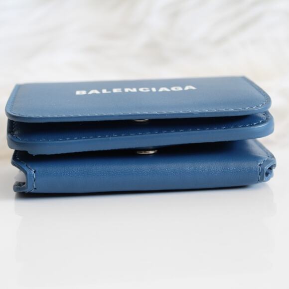 Balenciaga Blue & White Leather Logo Everyday Trifold Mini Compact Wallet - Picture 5 of 13